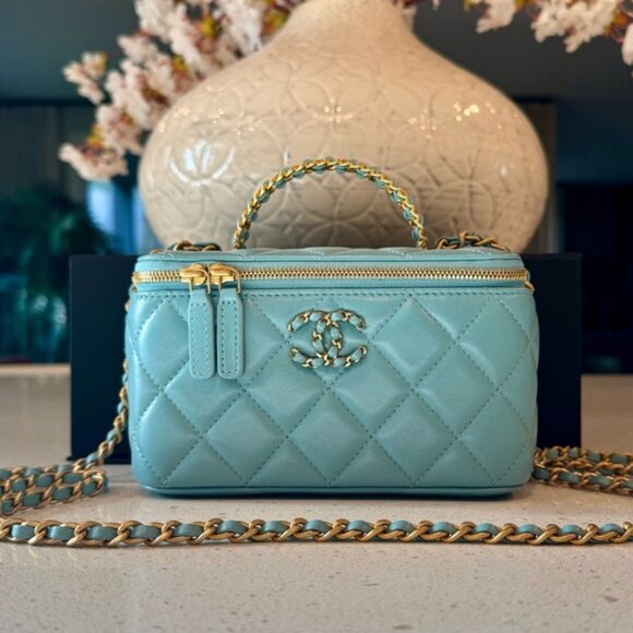 Chanel Logo Studded Top Handle Vanity Case/Bag Tiffany Blue - Picture 3 of 9